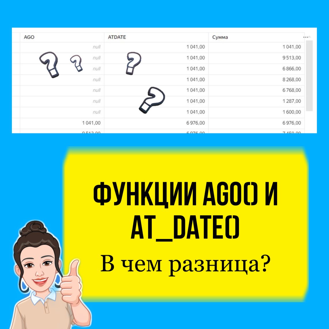 В этом уроке рассмотрим с вами на конкретном примере основные отличия двух с виду похожих функций AGO() и AT_DATE(). Как они работают и когда и какую функцию лучше использовать.